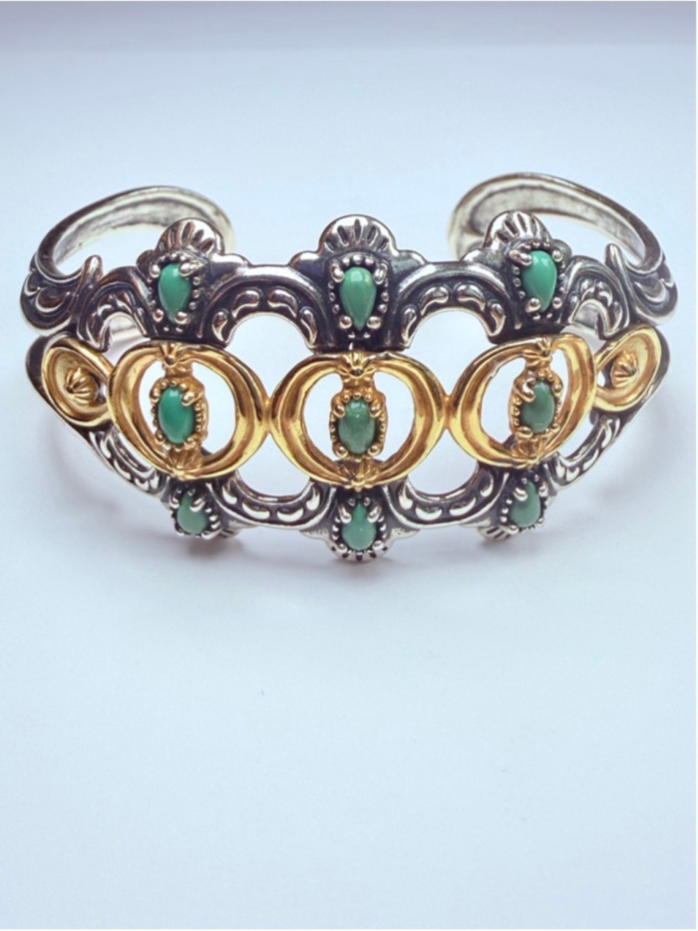 Southwestern Carolyn Pollack Jade Gold & Sterling Silver Filigree Cuff Bracelet